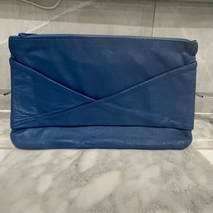 MILLERS BLUE LEATHER CLUTCH WIDTH: 12.5” x HEIGHT: 7.5”